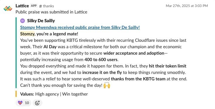 Slack testimonial from colleague at Sourcegraph highlighting technical leadership