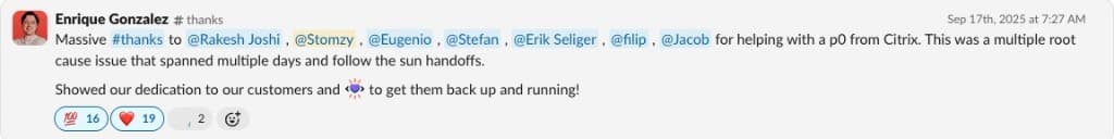 Slack testimonial praising infrastructure stability improvements